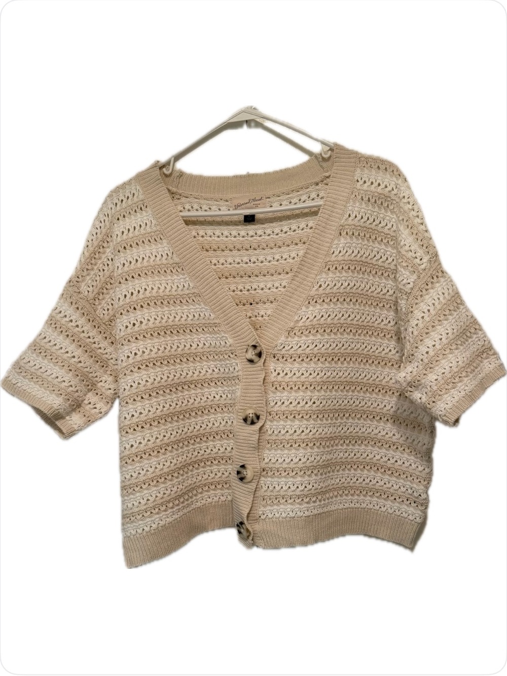 Universal Threads Cream and White Striped Crochet Short Sleeve Cardigan Sweater